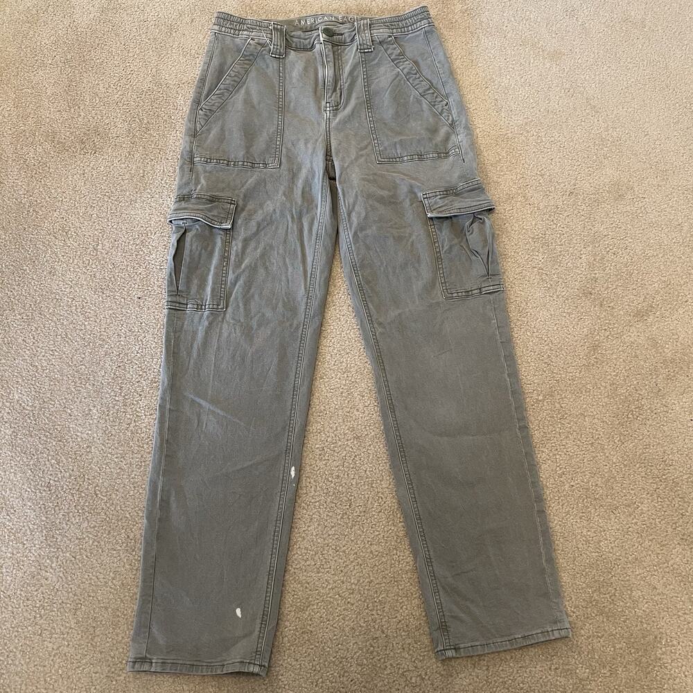 American Eagle Cargo Pants Women 6 Olive Gray Utility Stretch Straight Leg 28x28